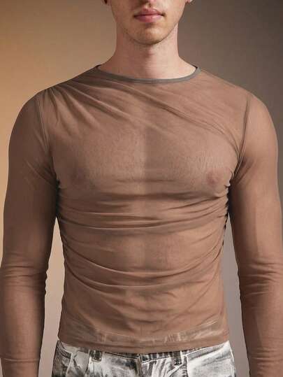 FeverCity 男士网眼透视休闲不对称长袖圆领T恤