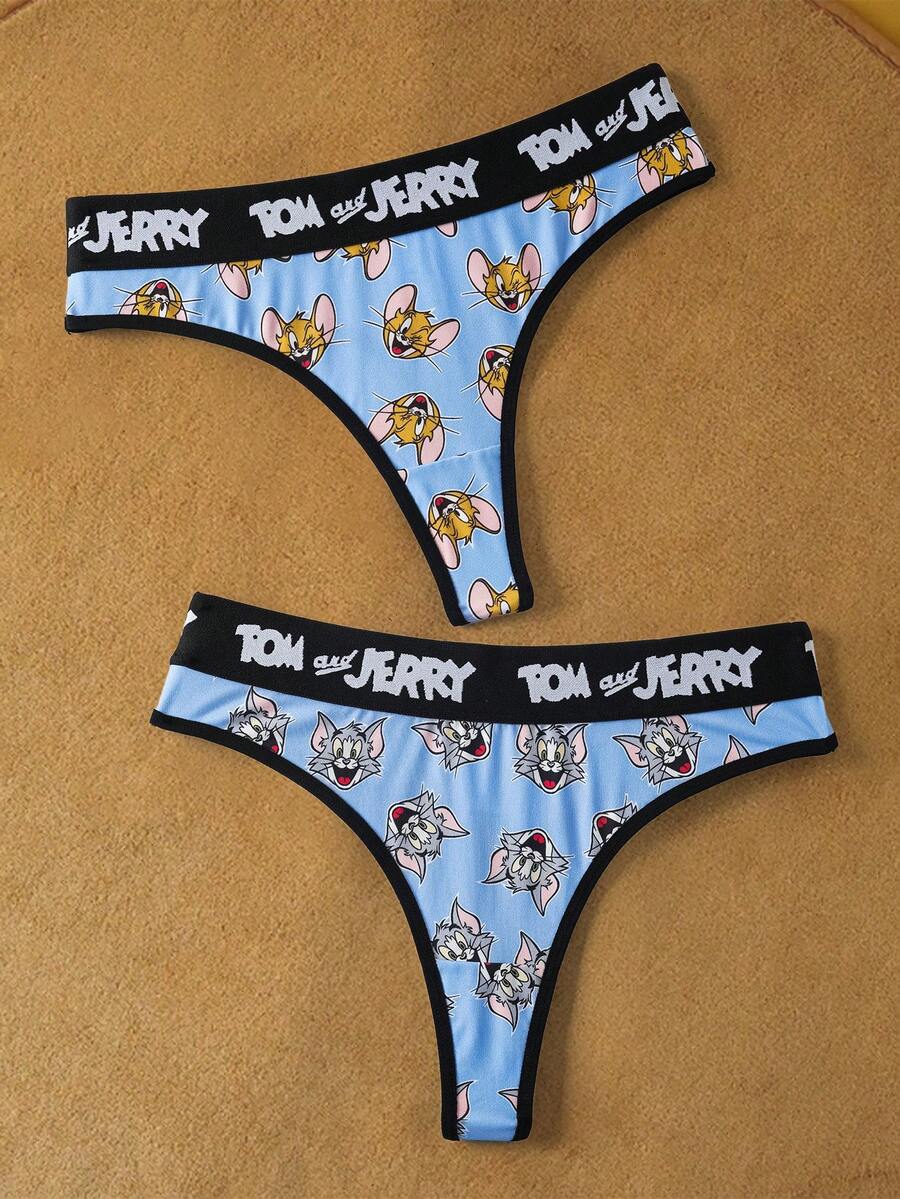TOM & JERRY X SHEIN Women's Cartoon Pattern Contrast Letter Tape Thong - Blue - View 1