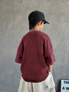SHEIN Little Byeori 男童休闲水洗色宽松圆领短袖针织T恤，适合上学、花园、海滩、生日、春、夏、秋、冬等各种场合。 - 紅色 - 查看 2