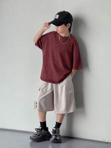 SHEIN Little Byeori 男童休闲水洗色宽松圆领短袖针织T恤，适合上学、花园、海滩、生日、春、夏、秋、冬等各种场合。 - 紅色 - 查看 5