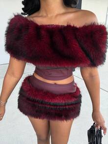 Alexandranx 小姐酒红色音乐节新款毛绒拼布PU短款上衣+毛绒拼布迷你裙2件套 - 酒紅色 - 查看 7