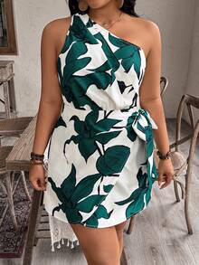 EMERY ROSE 大码女式不对称领口褶皱腰身优雅休闲日常度假连衣裙，春夏款 - 彩色 - 查看 8