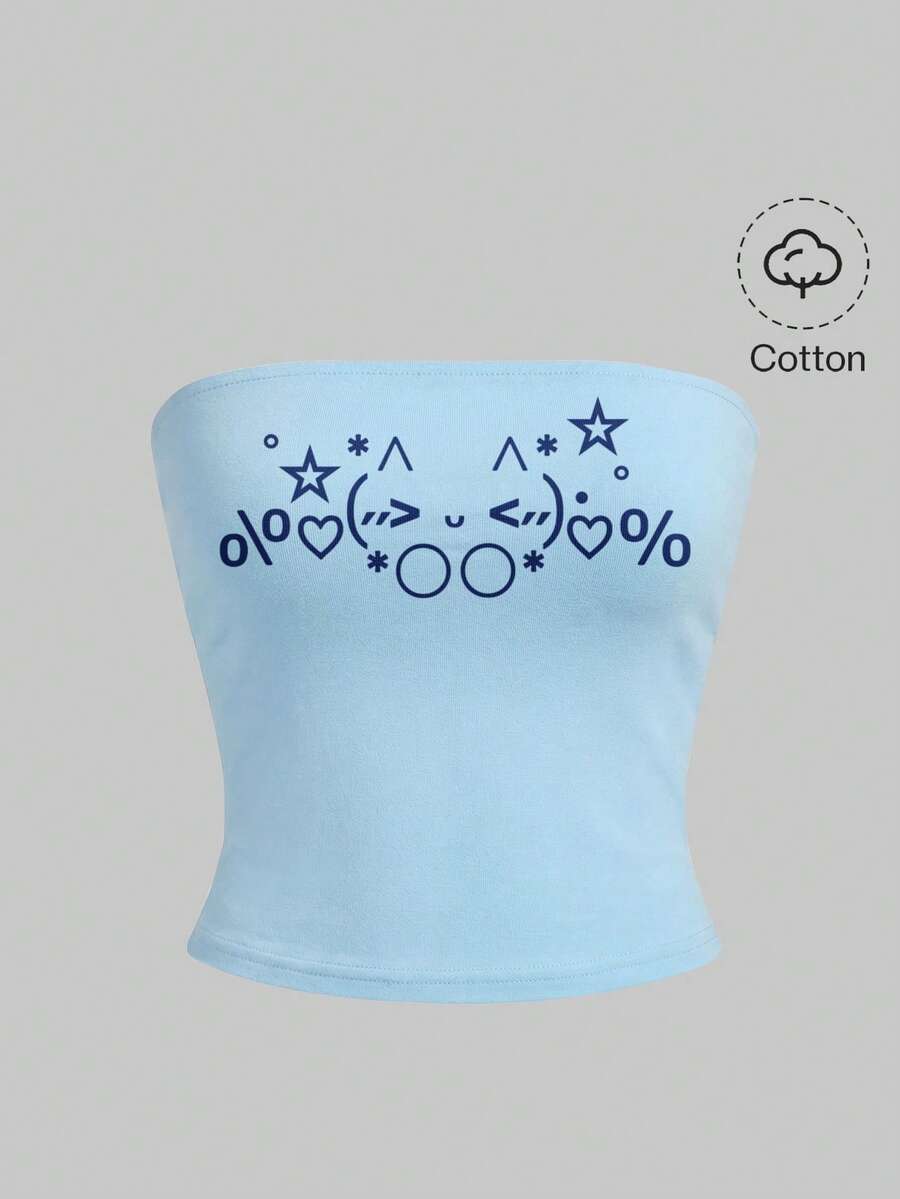 ROMWE Kawaii Áo thun nữ in hình mèo dễ thương mặt ngại ngùng ngôi sao trái tim phong cách Hàn Quốc cổ điển, họa tiết vintage. - Màu xanh nhạt - Xem 1