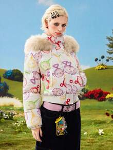 Teletubbies X ROMWE Women's Autumn/Winter Warm Patchwork Faux Fur Trim Hooded Padded Coat