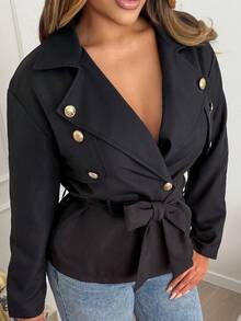 Maria Perezxox 女式卡其色短款休闲宽松夹克（配腰带）、秋季外套、秋季大衣、秋装、邮轮女装、返校装 - 黑色 - 查看 3