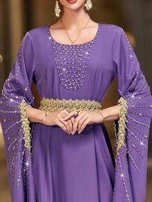 Layrah Túnica larga turca de cuello redondo, bordada a mano con cuentas y adornos de strass, color púrpura - Morado - Ver 5