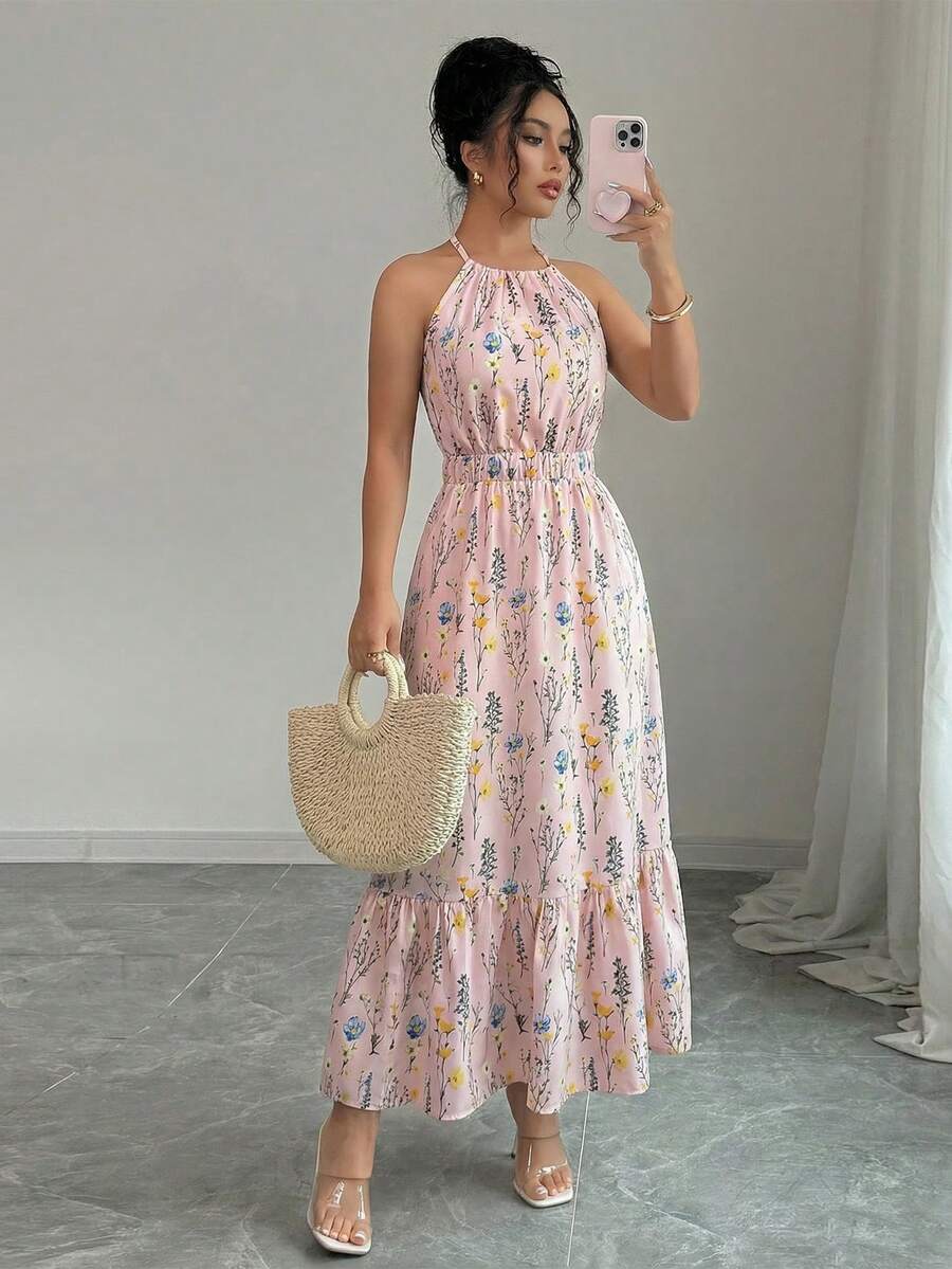 Elenzga 印花弹力吊带休闲长连衣裙（女款） - 粉色 - 查看 1