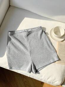 Comfortcana Damen einfarbige elastische Taille Lässig gerippte Super Kurze Leggings - Grau - Übersicht 5