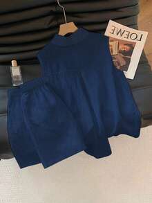 GlowEve 2件套 女士休闲度假刺绣无袖上衣+短裤 - 藏蓝色 - 查看 2