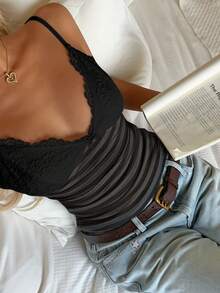 SHEIN ICON Women's Casual Vintage Lace Black Grey Stripe Print Patchwork Ruched Tight Spaghetti Strap Tank Top, Suitable For Summer Outings And All Seasons, Perfect For Music Festivals, Layering, Punk Retro Vint - Multicolor - View 3