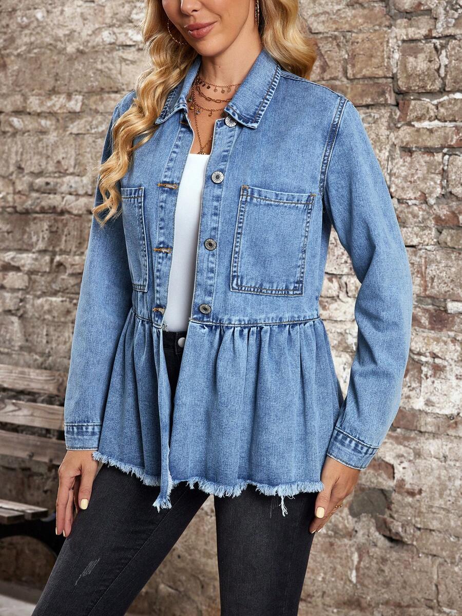 EMERY ROSE Women's Turndown Collar Single-Breasted Ruffle Hem Fashionable Versatile Daily Wear Long Sleeve Denim Jacket - Blue - View 1