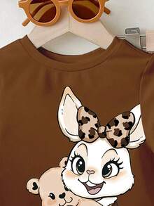 1 Set Baby Girls Lovely Rabbit Ear Leopard Print Round Neck Short Sleeve T-Shirt And Knitted Leggings Cute Outfit, Leopard Print T-Shirt Set, Cartoon Rabbit Print Clothing - Multicolor - View 3