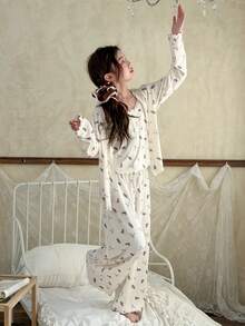 DAZY 少女卡通熊印花长袖睡袍、吊带背心和裤子睡衣套装 春季 - 杏色 - 查看 3