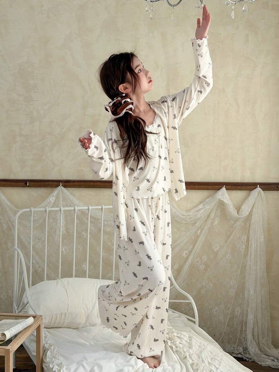 DAZY 少女卡通熊印花长袖睡袍、吊带背心和裤子睡衣套装 春季 - 杏色 - 查看 1