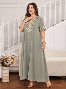 Al Najma Đầm dài kiểu Thổ Nhĩ Kỳ cỡ lớn, dáng rộng, thanh lịch, lãng mạn, viền ren thêu dành cho nữ. - màu xanh lá - Xem 3