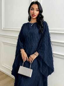 Al Najma 女士纯色船领蝙蝠袖优雅阿拉伯传统长裙 - 藏蓝色 - 查看 3