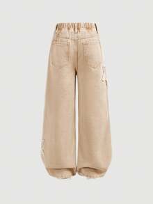 Girlism Calça jeans feminina de corte reto e folgado com estampa de estrelas desfiadas, rosa. - Caqui - Ver 2