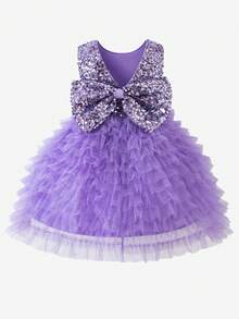 Glamorique Kids 女童分層蛋糕裙亮片V領蝴蝶結公主禮服，夏季花童穿著，嬰兒紫色薄紗派對洋裝，適合7歲生日、派對與婚禮 - 紫色 - 查看 2