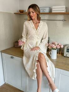 SHEIN Women's Casual Knitted Jacquard Ruffle Hem Long Robe, Lightweight Spring/Autumn Loungewear - Apricot - View 4