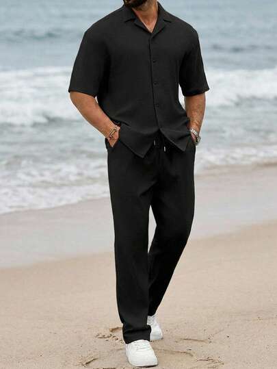 Ventusail 男士褶皱面料缺口领短袖衬衫 + 抽绳配套长裤两件套西装，户外派对必备服装，适合作为丈夫的礼物，舒适服装