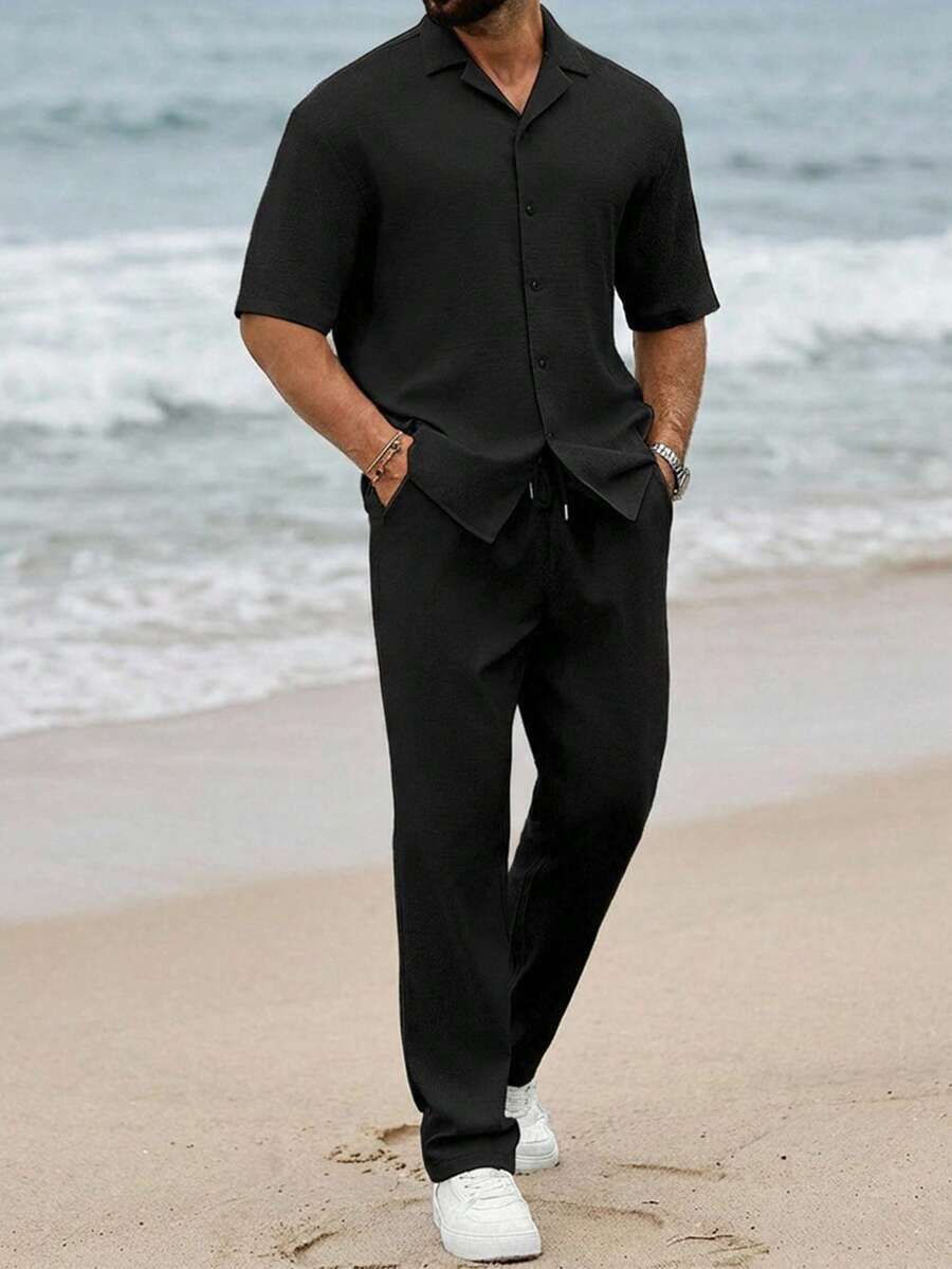 Ventusail 男士褶皱面料缺口领短袖衬衫 + 抽绳配套长裤两件套西装，户外派对必备服装，适合作为丈夫的礼物，舒适服装 - 黑色 - 查看 1