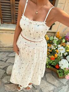 SHEIN 2pcs Maternity Ditsy Floral Frill Trim Camisole And Skirt Casual Set Summer Summer Skirt Set Cream Two Pieces Set Boho Two Pieces Set Vacation Woman Baby Shower - Multicolor - View 5