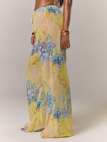 MUSERA 网眼印花串珠抽绳阔腿裤，夏季度假伊比沙岛优雅可爱海滩节锐舞波西米亚风沙滩装度假服，夏季条纹派对装扮 - 鵝黃色 - 查看 4