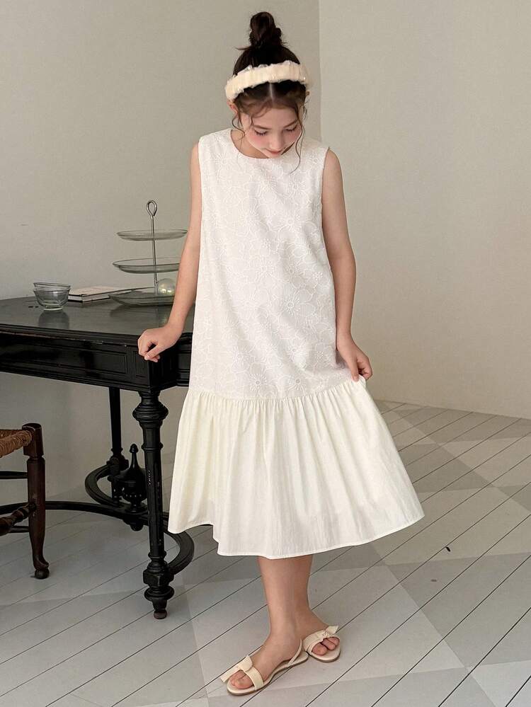 Tween Girl Round Neck Solid Color Ruffle Hem Sleeveless Dress Summer