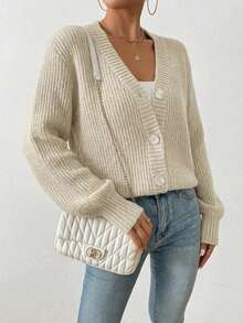 EURMUSE Solid Button Front Cardigan - White - View 4