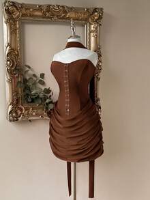 Lovelzi 优雅法式棕色针织甜心领金属扣腰褶裥拉链半身裙，适合多种场合——女士派对礼服、网红连衣裙 - 咖啡棕 - 查看 4