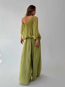 Aloruh 绿色雪纺不对称连体裤，复活节、圣帕特里克节、狂欢节、商务休闲女装、办公室女装、外出、约会之夜、教师装、演唱会女装、乡村演唱会女装、度假女装、工作装、节日装、婚礼及活动、海滩装、纯色派对连体裤 - 綠色 - 查看 3
