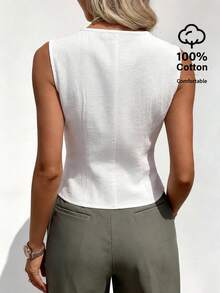 Balvessa Áo vest nữ bằng cotton lanh màu trơn, kiểu dáng thường ngày, đa năng, cài một hàng khuy. - Màu be - Xem 2