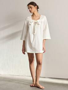 Ocili 100% Cotton Solid 3/4 Sleeve Tie Waist Round Neck Comfortable Women Nightgown - White - View 6