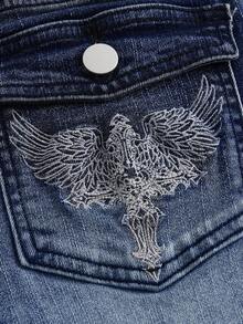 ROMWE Grunge Punk 朋克风复古图案刺绣修身喇叭牛仔裤（女款） - 藍色 - 查看 4