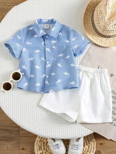 SHEIN 2pcs/Set Baby Boy Horse Pattern Lapel Short Sleeve Cardigan Top And Elastic Waist Shorts Set