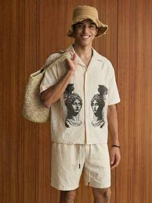 Manfinity Unisex Men's Casual Vacation Daily Commute Outing Date Versatile Sculpture Print Loose Fit Shirt And Drawstring Waist Shorts Set, Summer - White - View 1