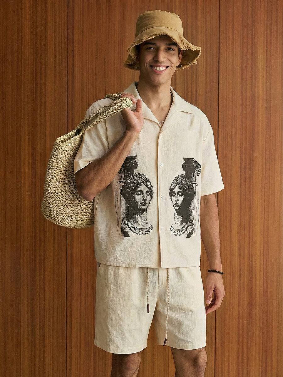 Manfinity Unisex Men's Casual Vacation Daily Commute Outing Date Versatile Sculpture Print Loose Fit Shirt And Drawstring Waist Shorts Set, Summer - White - View 1