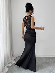 Rafferiza Vestido elegante y sexy de cola de pez con cuello redondo, parche de encaje y volantes en el bajo para mujeres - Negro - Ver 3