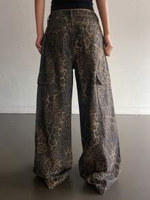 DAZY Women's Casual Loose Straight Leg Jeans, Distressed Leopard Print Design, Relaxed Vacation Style, Spring/Summer - Brown - View 2