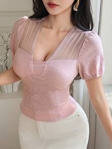 DAZY Áo thun nữ dáng ôm, màu trơn, chất liệu jacquard, thanh lịch, thích hợp cho mùa hè. - Hồng - Xem 4