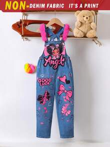 Sparklyn Young Girl Y2K Casual Street Style Cute Girl Portrait, Bow, Heart Denim Effect, Hand-Painted Graffiti Patchwork Fuchsia Fleece Bib Pants Overall - Multicolor - View 1