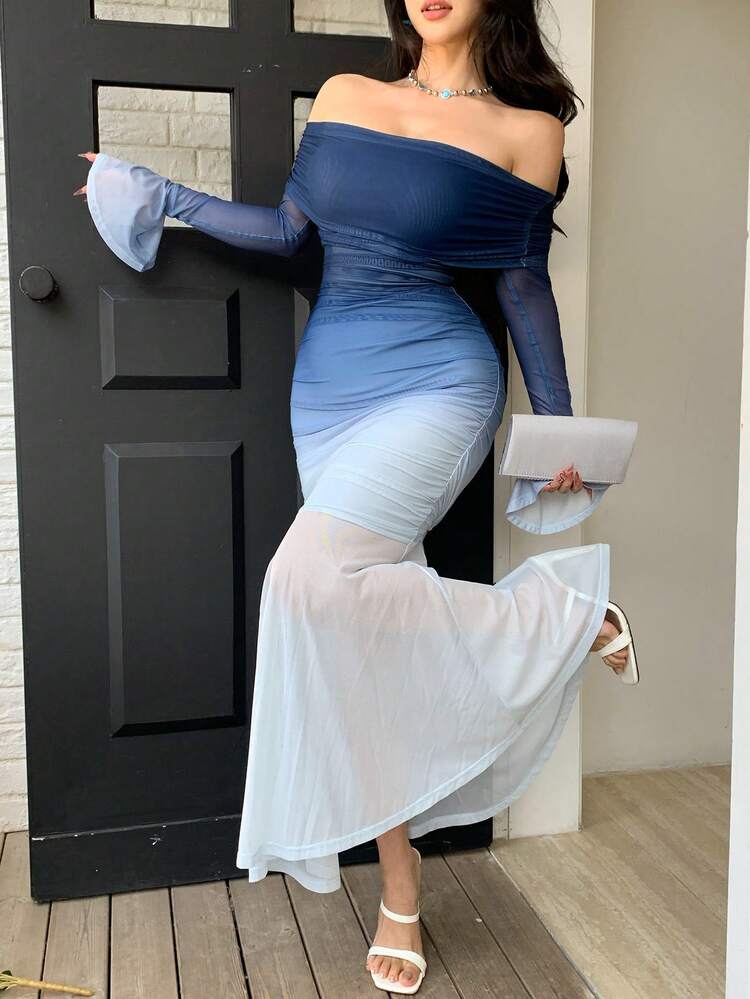 Women's Elegant Ombre Off-Shoulder Flare Sleeve Mermaid Dress