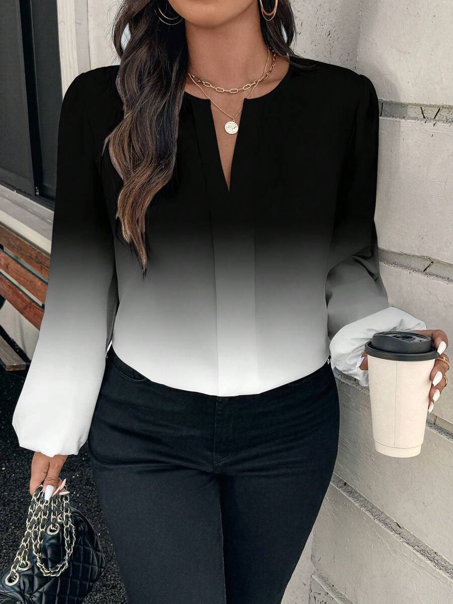 EMERY ROSE 优雅浪漫休闲简约风黑白渐变印花长款灯笼袖衬衫，适合秋季穿着，复古风格，简约百搭，优雅女装之选。 - 彩色 - 查看 1