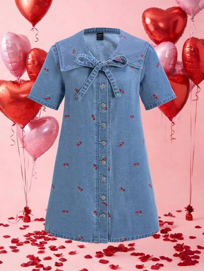 SHEIN MOD Dam Sommar Casual Semester Alla hjärtans dag Dejt Körsbärsbroderad Knut Sjömanskrage Kortärmad Denimklänning