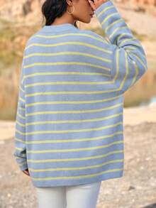 EURMUSE Áo len nữ dáng suông cổ bẻ kẻ sọc, vai rớt, thích hợp mặc mùa thu/đông. - Nhiều màu - Xem 2