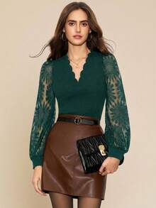 Amorya Blusa feminina elegante com decote em V, bordado de conchas e detalhes em renda, modelagem slim, ideal para o outono. - Verde escuro - Ver 6