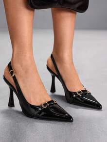 CUCCOO SZL 女士尖头细高跟黑色带扣后跟提拉鞋，简约时尚性感通勤女式高跟鞋 - 鏡面黑 - 查看 1