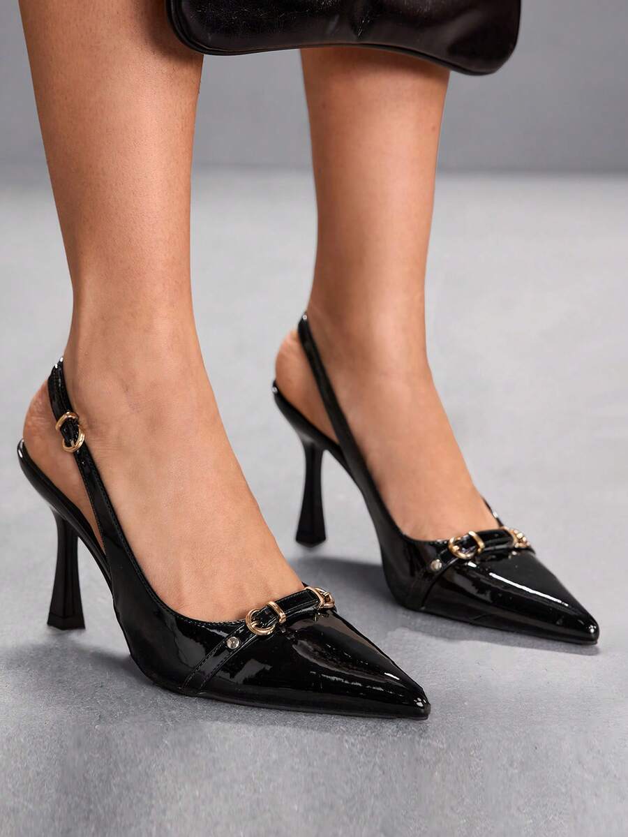 CUCCOO SZL 女士尖头细高跟黑色带扣后跟提拉鞋，简约时尚性感通勤女式高跟鞋 - 鏡面黑 - 查看 1