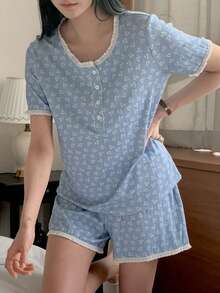 DAZY Bộ đồ ngủ hình gấu dễ thương và họa tiết hoa nhí phối viền tương phản dành cho nữ. - Màu xanh lam - Xem 4