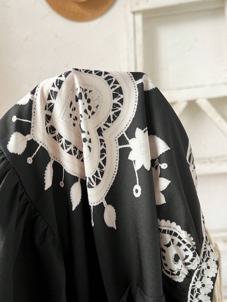 Plus Size Lace Patchwork Tie Neck Casual Long Sleeve Dress For Summer/ Vacation Vacation Outfits Women Holiday Outfits For Women Beach Vacation Outfits For Women Mexican Dress Women Plus  Country Style For Women